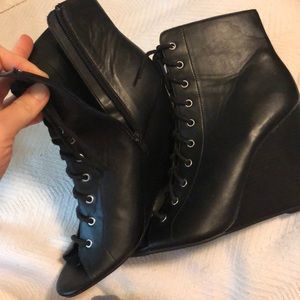Sexy lace up black leather wedge heels with zipper